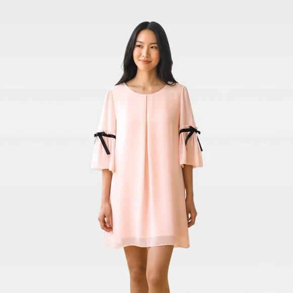 Y2K Ally B. Dainty Feminine Pink PolyChiffon Dress S Bow Bell Sleeve Fairy - Picture 6 of 10